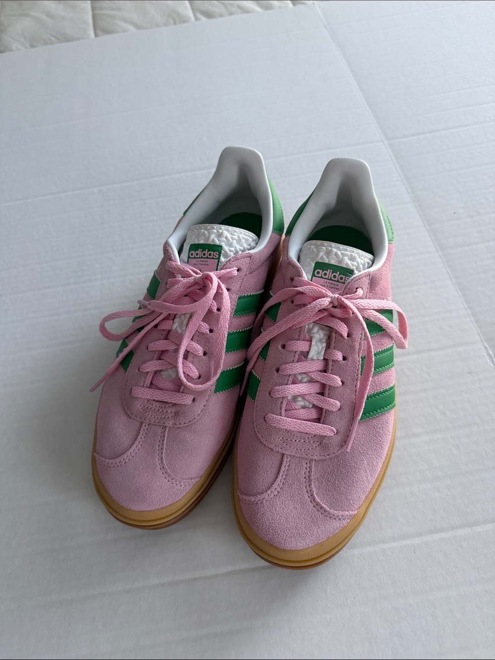adidas Pink Suede Sneakers with Green Stripes and Gum Sole
